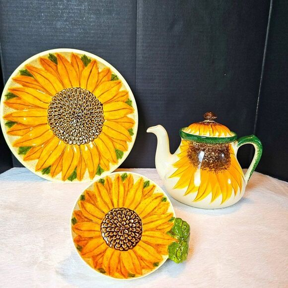 Vintage Vicky Wesley Signed Numbered Sunflower Teapot Bowl Cup Set - Picture 1 of 15